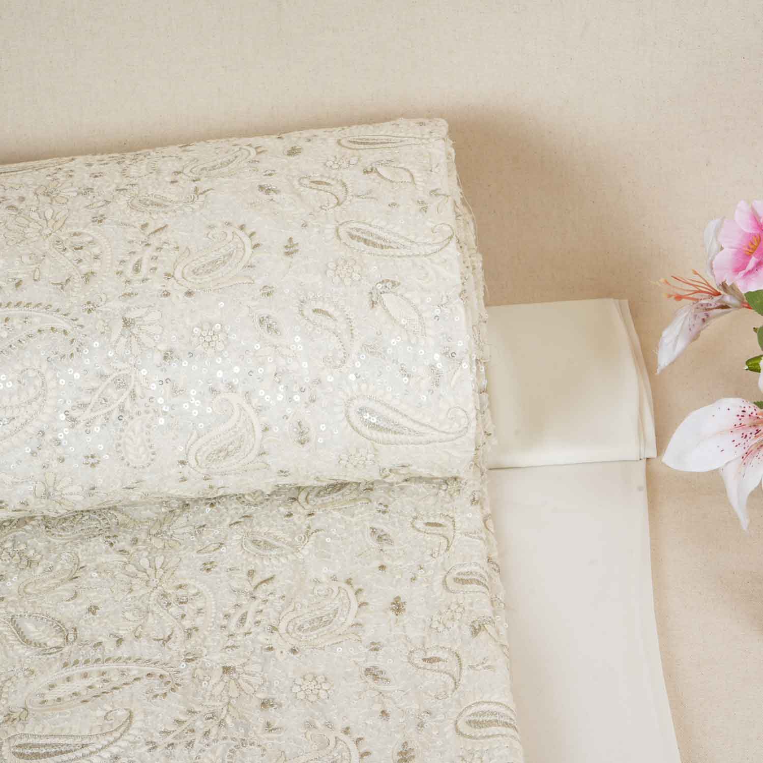 Off White Paisley Sequins Embroidery Chikankari Georgette Fabric DR-28276 - TradeUNO
