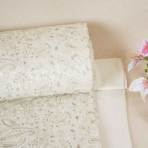 Off White Paisley Sequins Embroidery Chikankari Georgette Fabric DR-28276 - TradeUNO