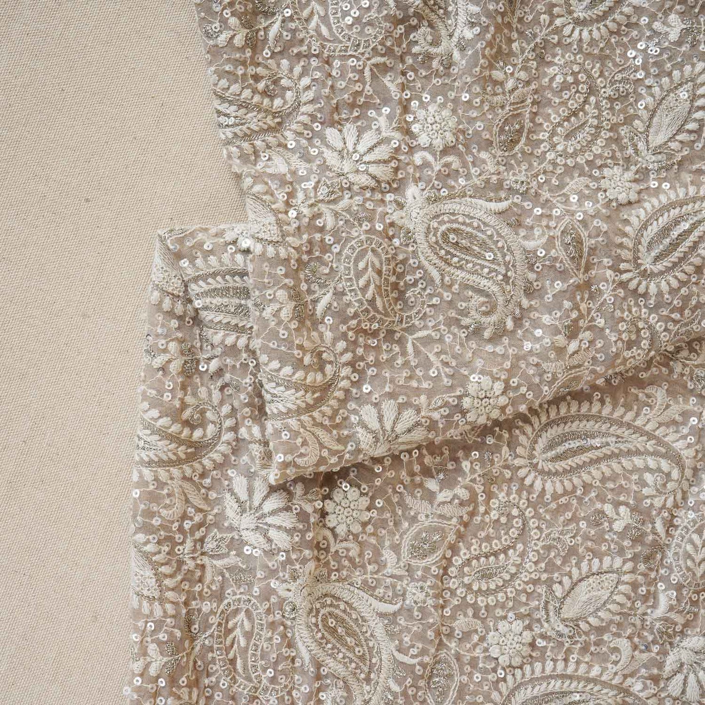 Beige Paisley Sequins Embroidery Chikankari Georgette Fabric DRAJ-28277