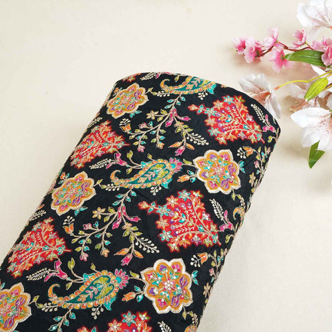 Black With Multicolour Floral Zari Embroidery Crepe Fabric VPC-27790
