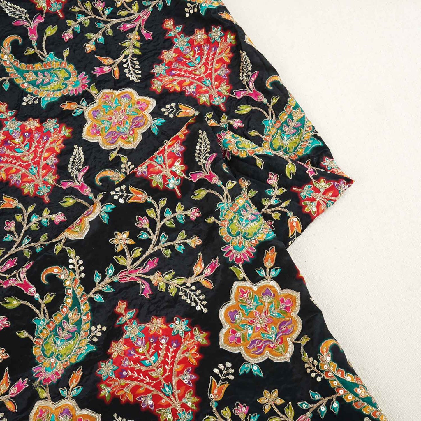 Black With Multicolour Floral Zari Embroidery Crepe Fabric VPC-27790