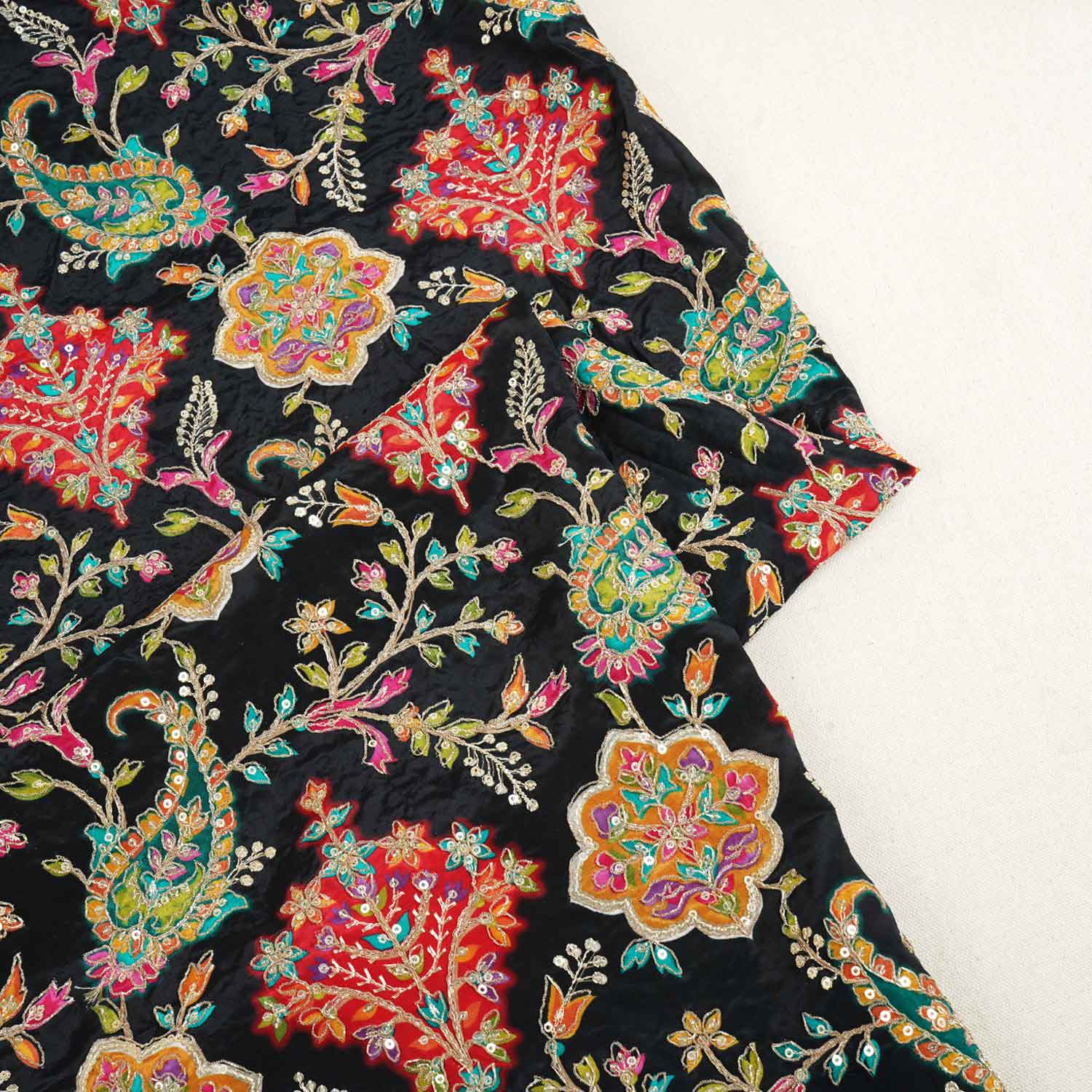 Black With Multicolour Floral Zari Embroidery Crepe Fabric VPC-27790