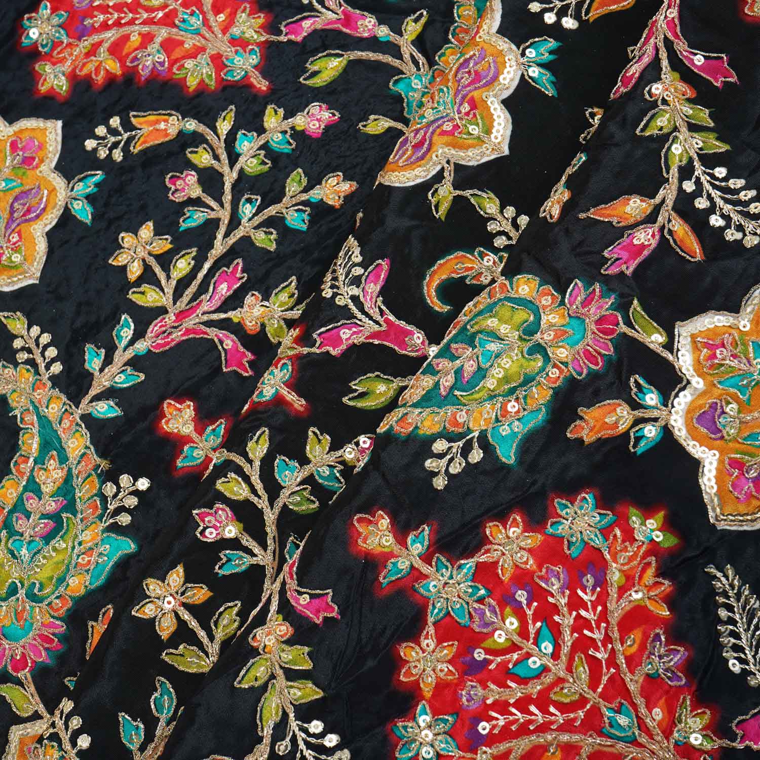 Black With Multicolour Floral Zari Embroidery Crepe Fabric VPC-27790