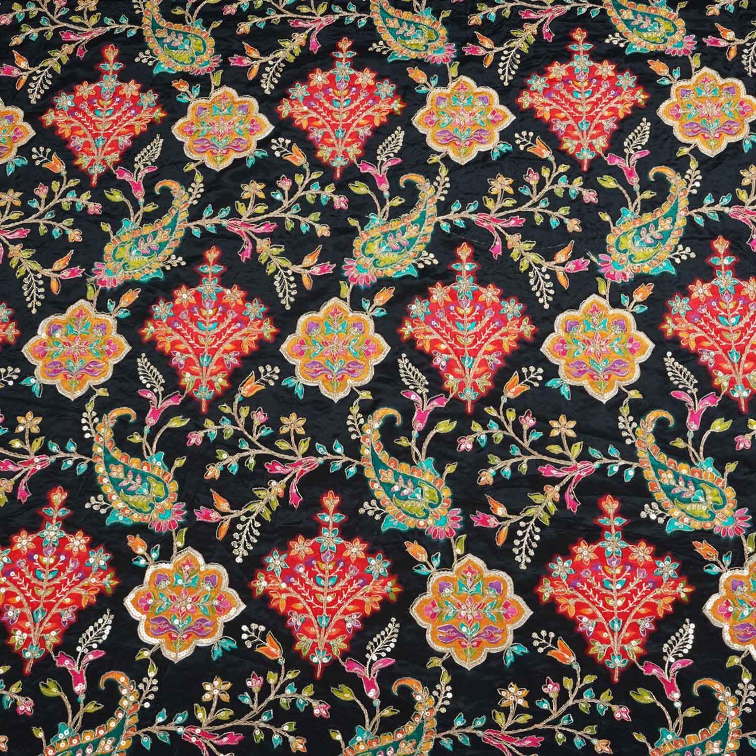 Black With Multicolour Floral Zari Embroidery Crepe Fabric VPC-27790
