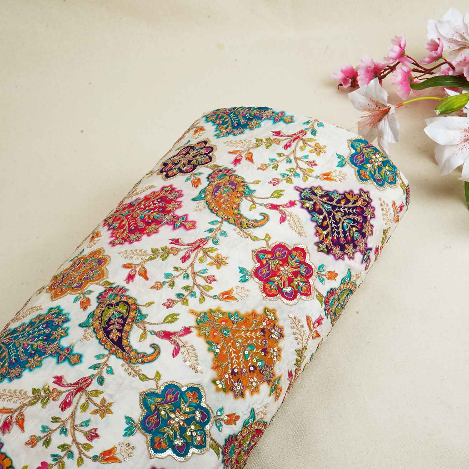 White With Multicolour Floral Zari Embroidery Crepe Fabric VPC-27791