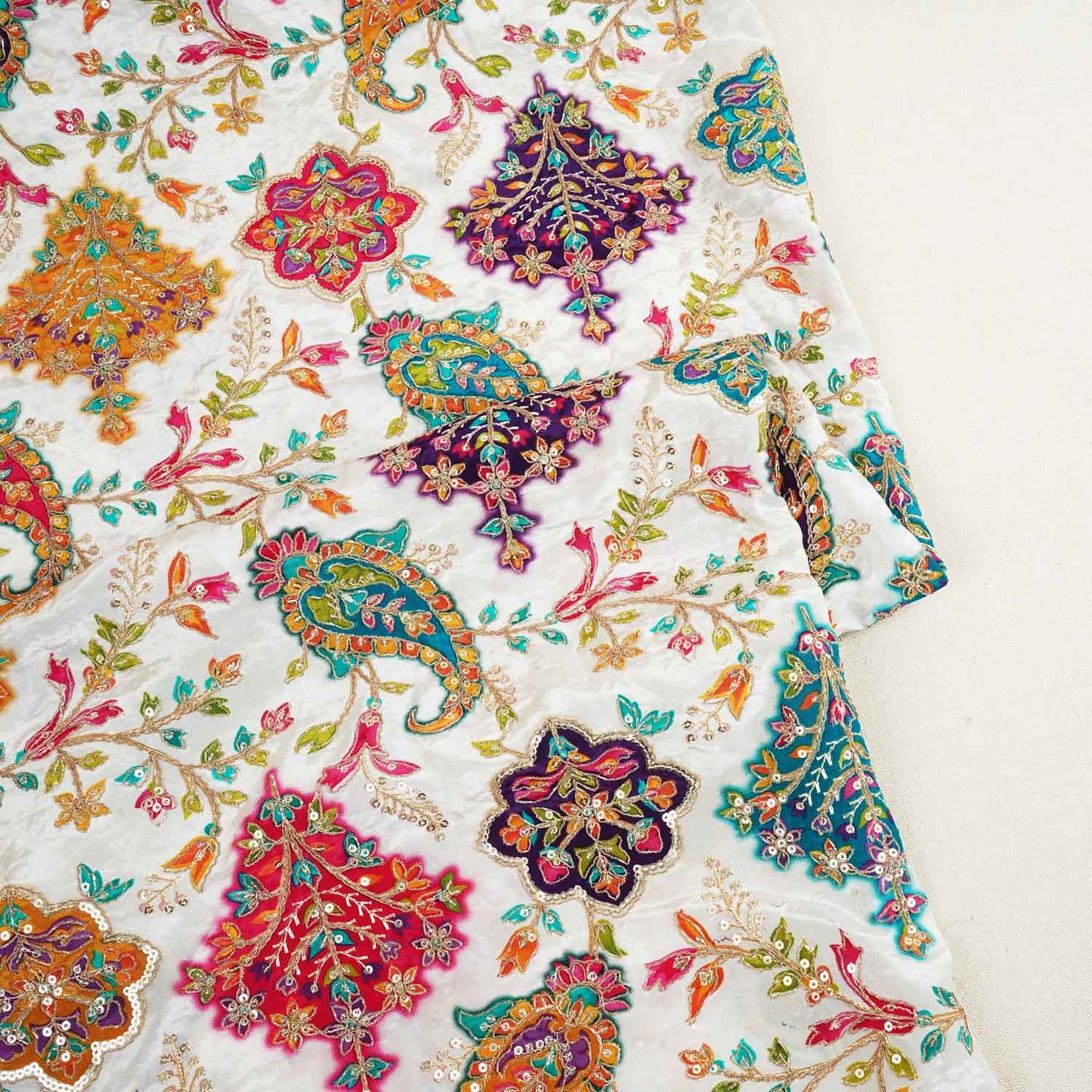 White With Multicolour Floral Zari Embroidery Crepe Fabric VPC-27791