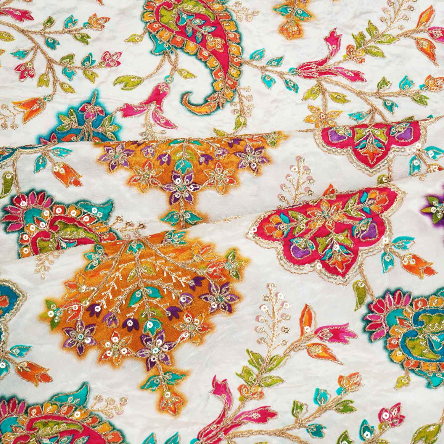 White With Multicolour Floral Zari Embroidery Crepe Fabric VPC-27791