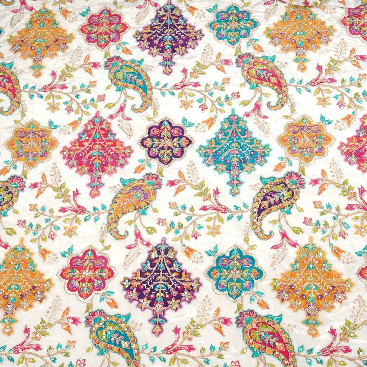 White With Multicolour Floral Zari Embroidery Crepe Fabric VPC-27791