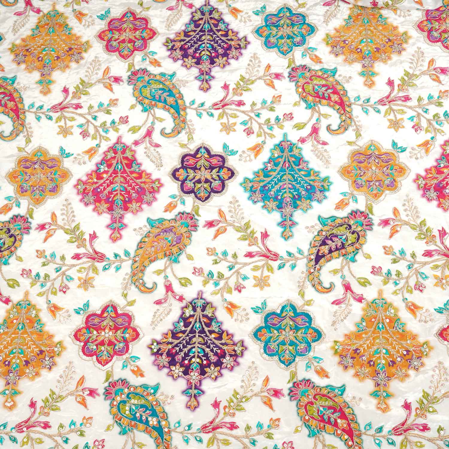 White With Multicolour Floral Zari Embroidery Crepe Fabric VPC-27791