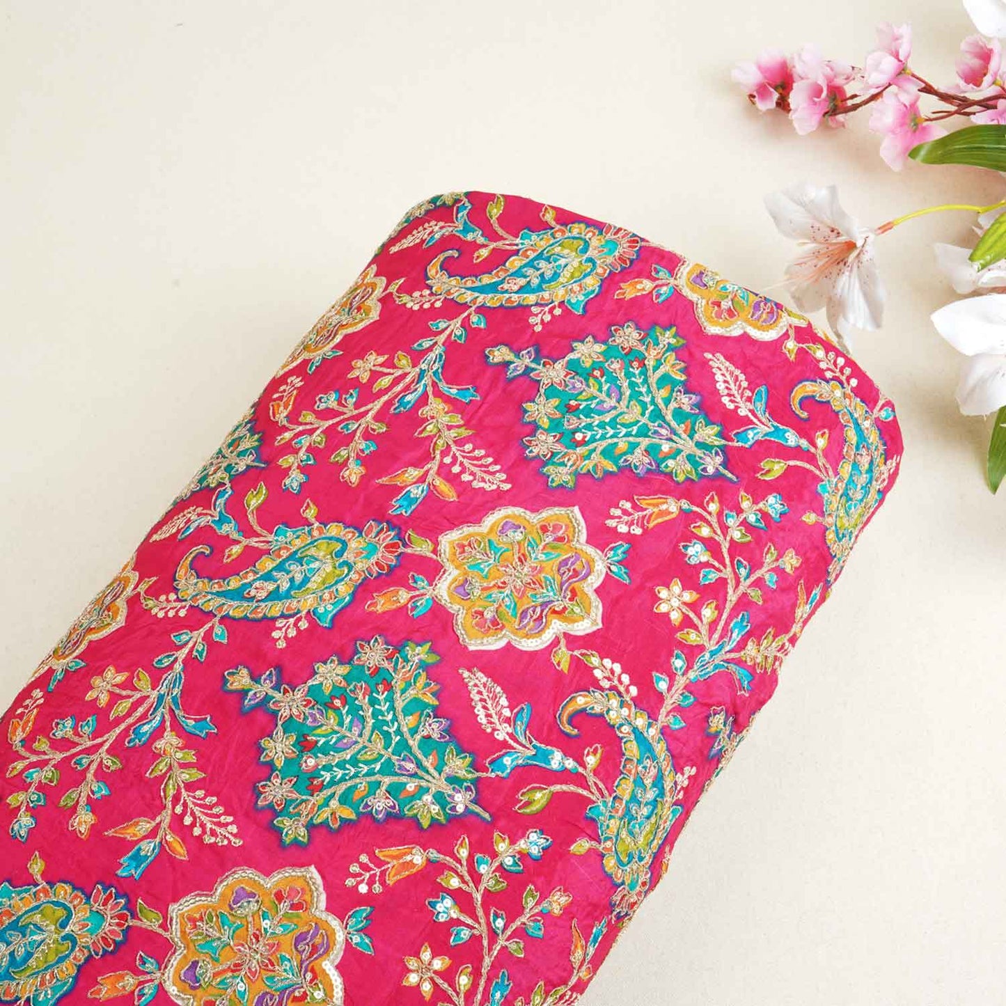 Pink With Multicolour Floral Zari Embroidery Crepe Fabric VPC-27792