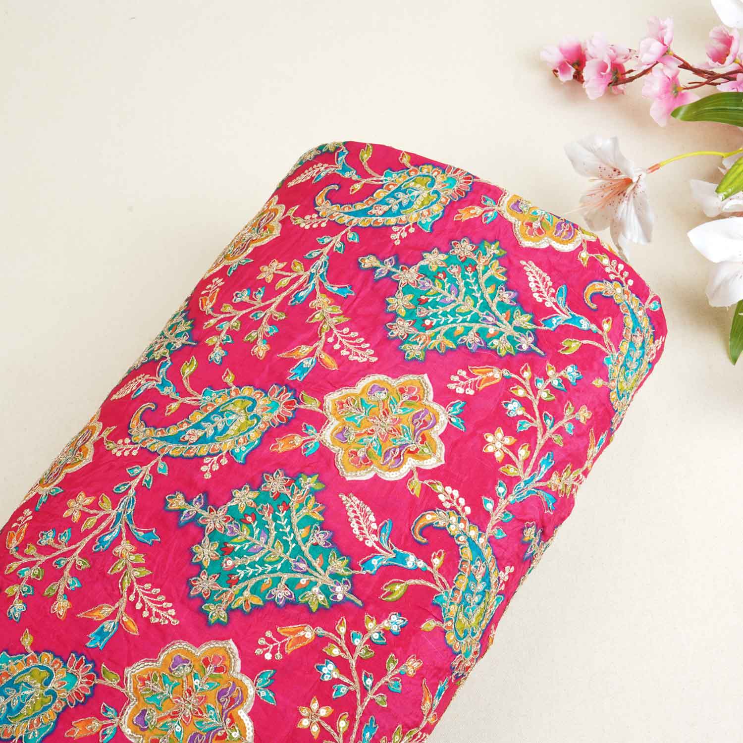 Pink With Multicolour Floral Zari Embroidery Crepe Fabric VPC-27792