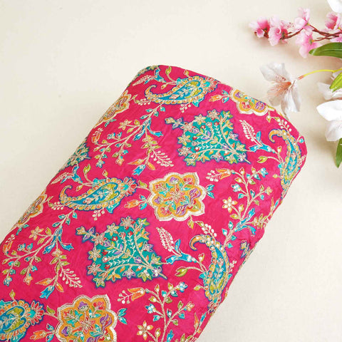 Pink With Multicolour Floral Zari Embroidery Crepe Fabric VPC-27792