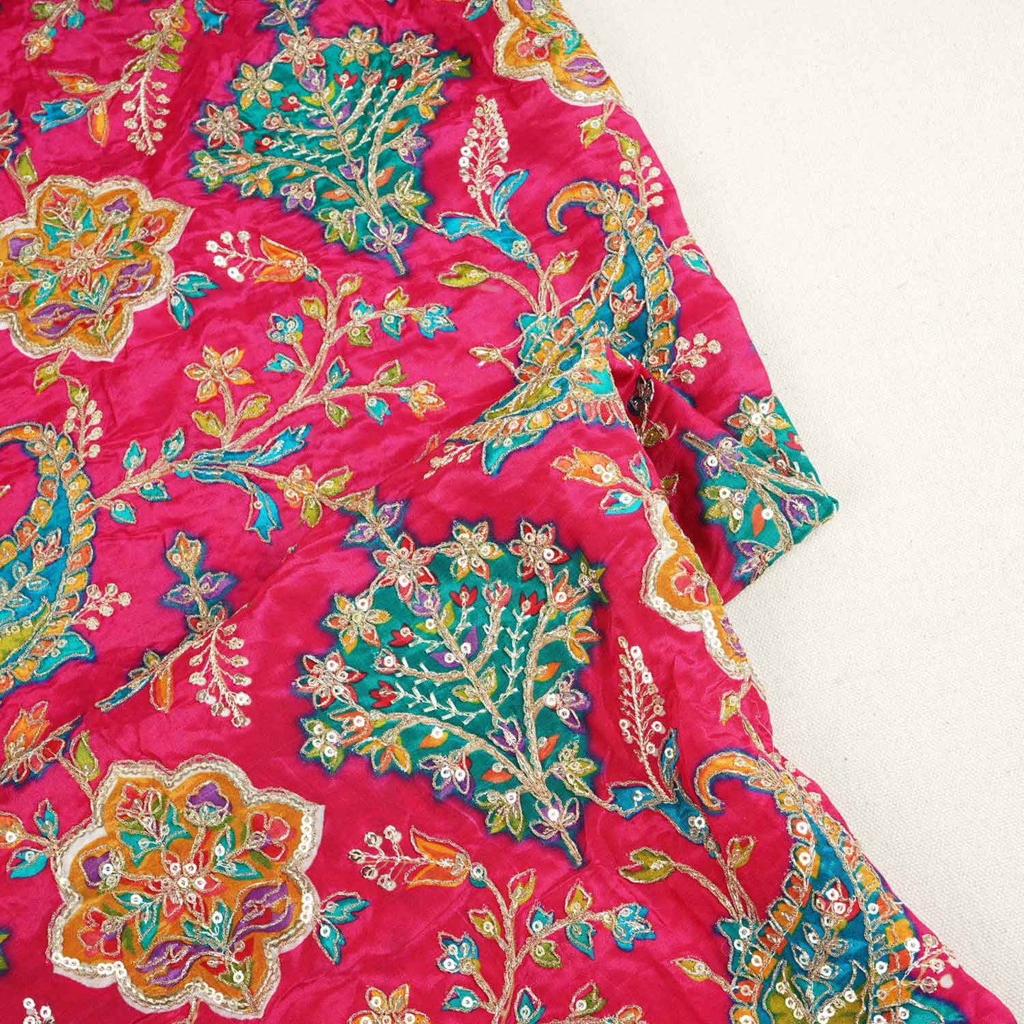 Pink With Multicolour Floral Zari Embroidery Crepe Fabric VPC-27792