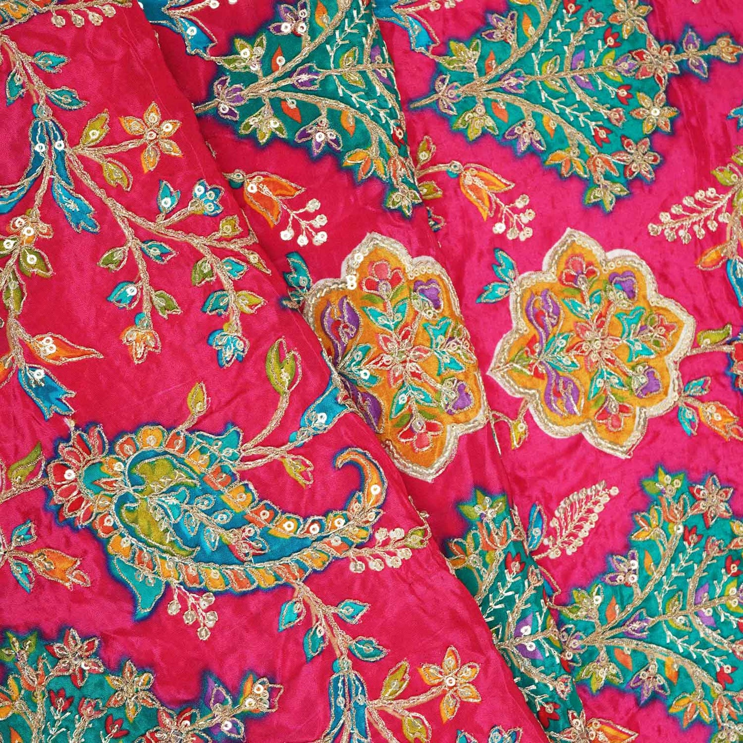 Pink With Multicolour Floral Zari Embroidery Crepe Fabric VPC-27792