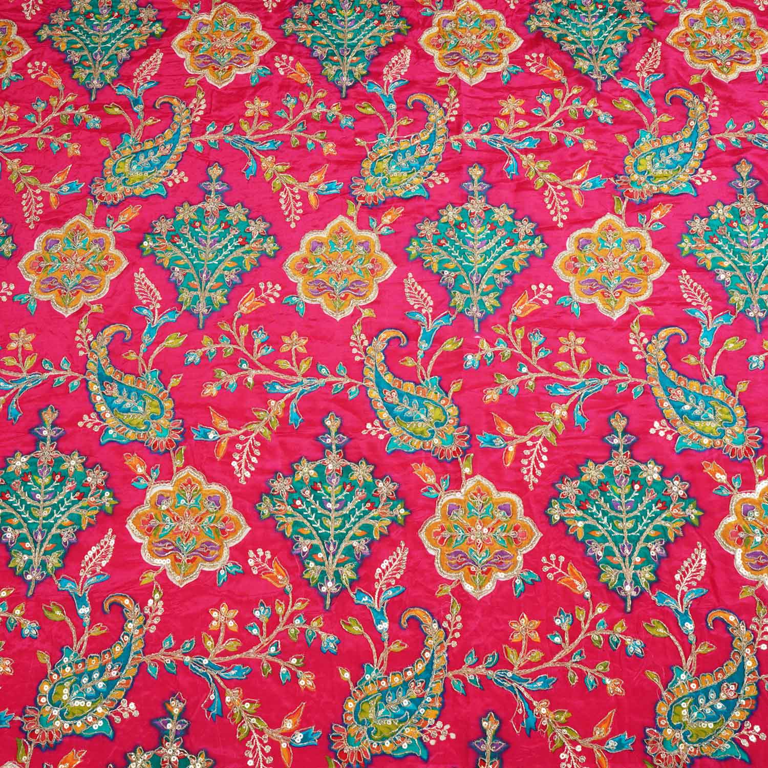 Pink With Multicolour Floral Zari Embroidery Crepe Fabric VPC-27792