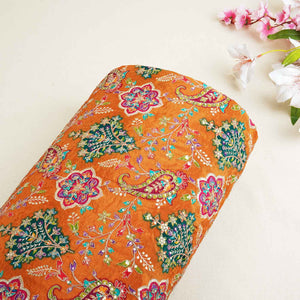 Mustard Yellow With Multicolour Floral Zari Embroidery Crepe Fabric VPC-27793