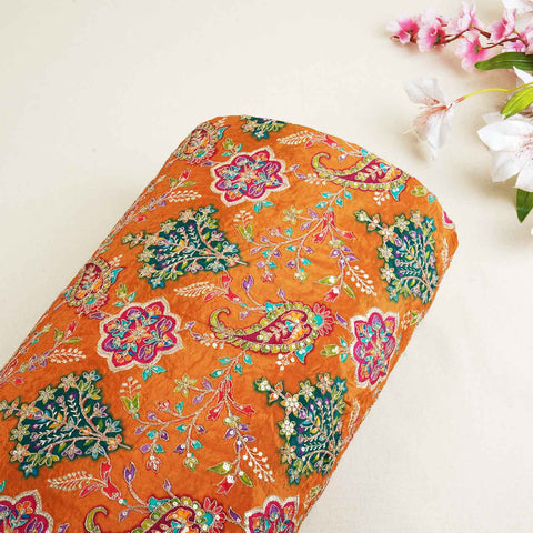 Mustard Yellow With Multicolour Floral Zari Embroidery Crepe Fabric VPC-27793