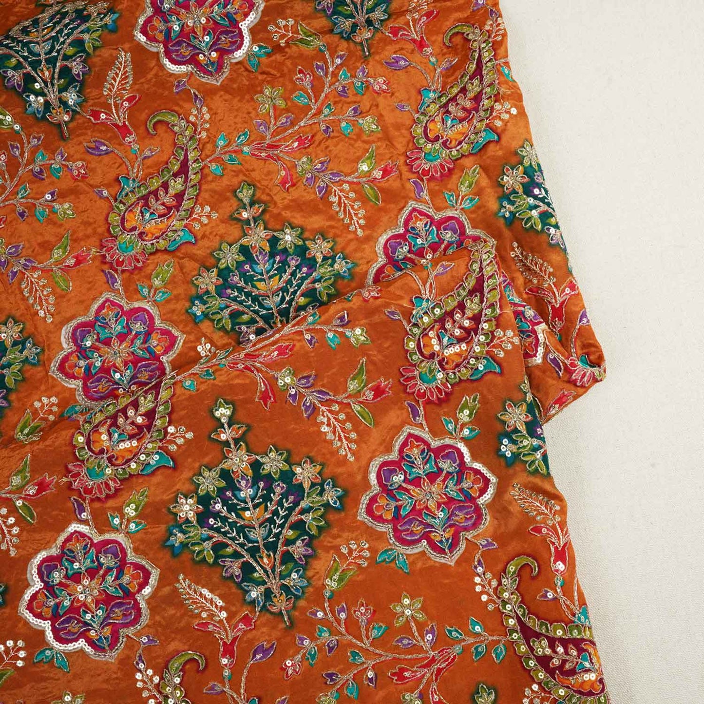Mustard Yellow With Multicolour Floral Zari Embroidery Crepe Fabric VPC-27793
