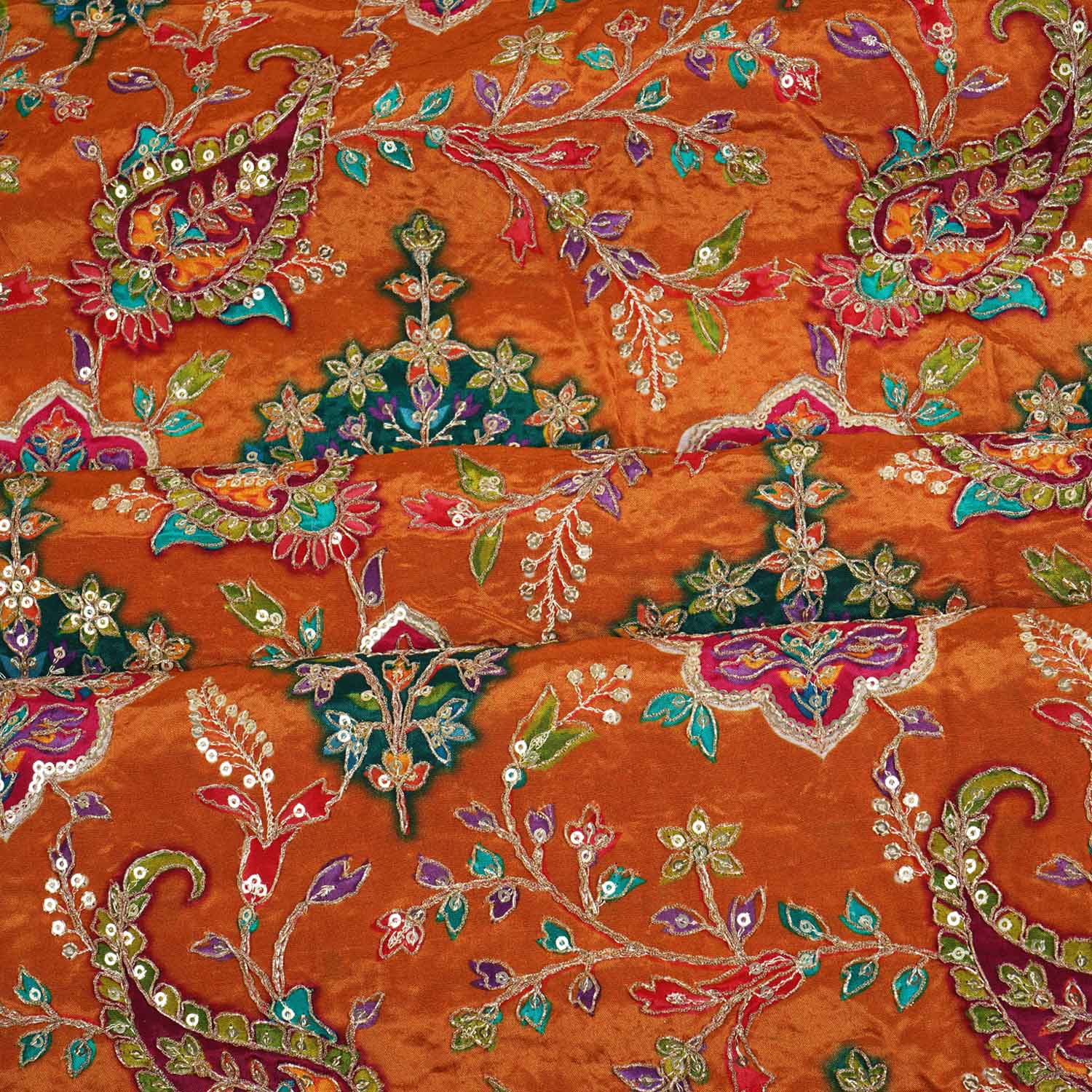 Mustard Yellow With Multicolour Floral Zari Embroidery Crepe Fabric VPC-27793