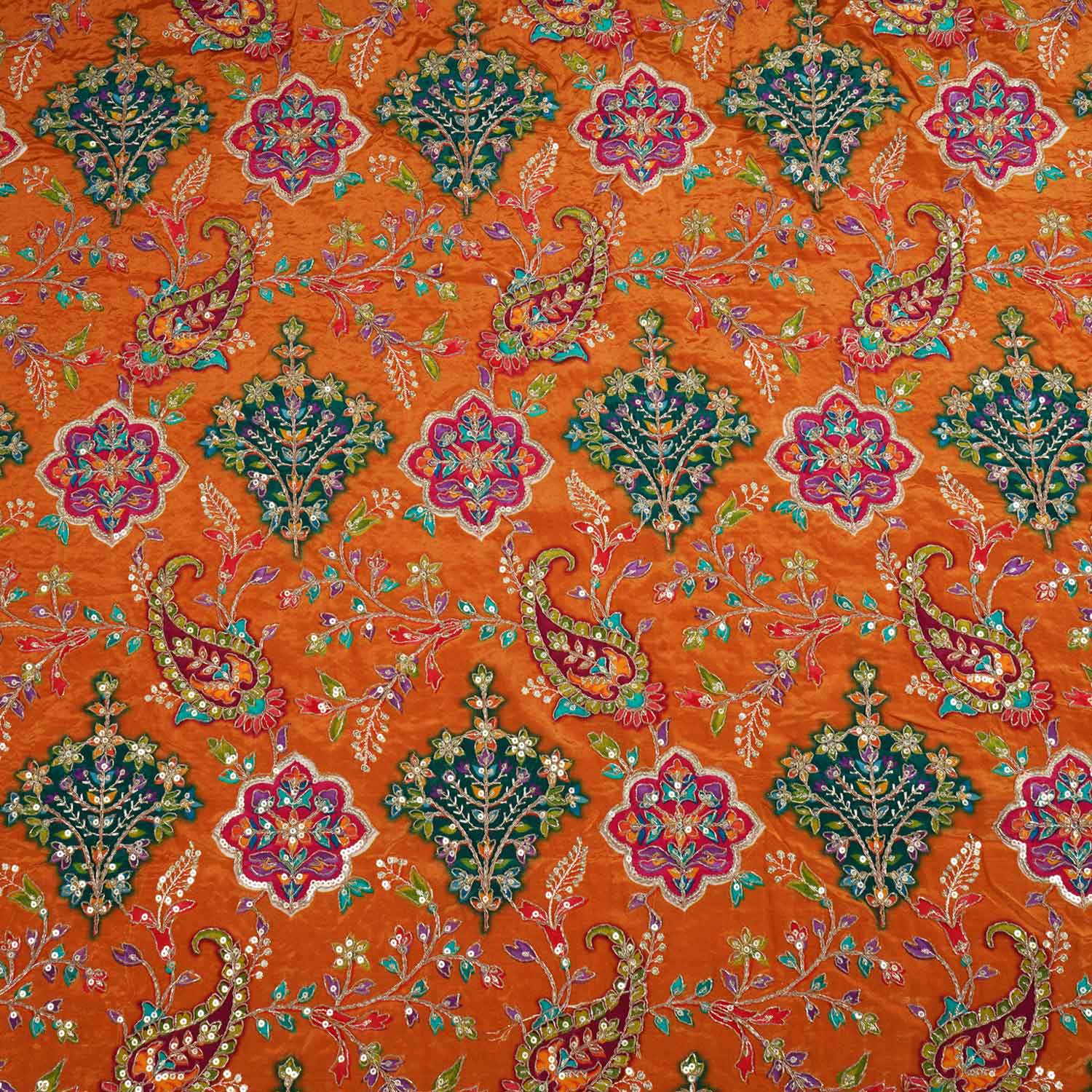 Mustard Yellow With Multicolour Floral Zari Embroidery Crepe Fabric VPC-27793