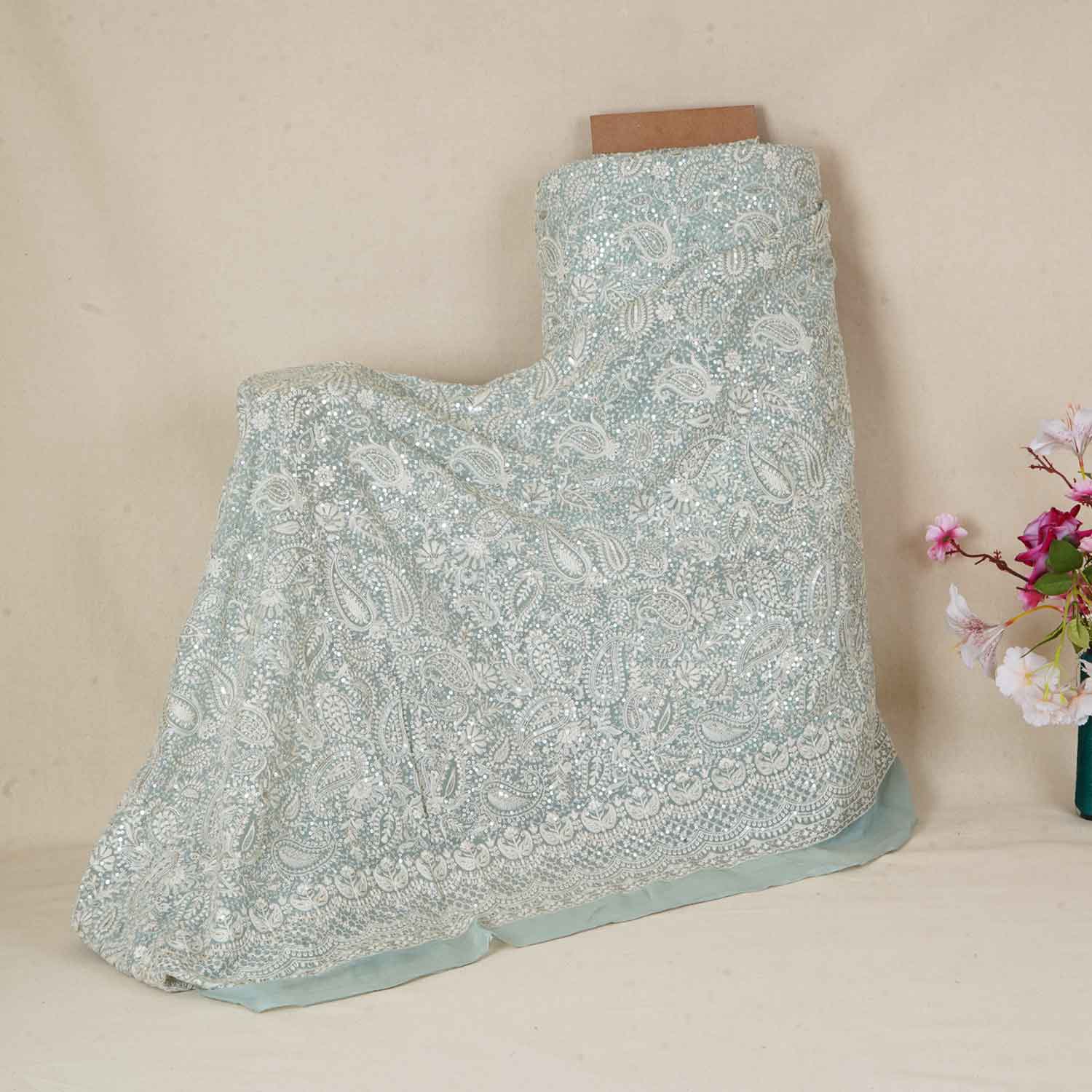 Sea Green Paisley Sequins Embroidery Chikankari Georgette Fabric DR-28278 - TradeUNO