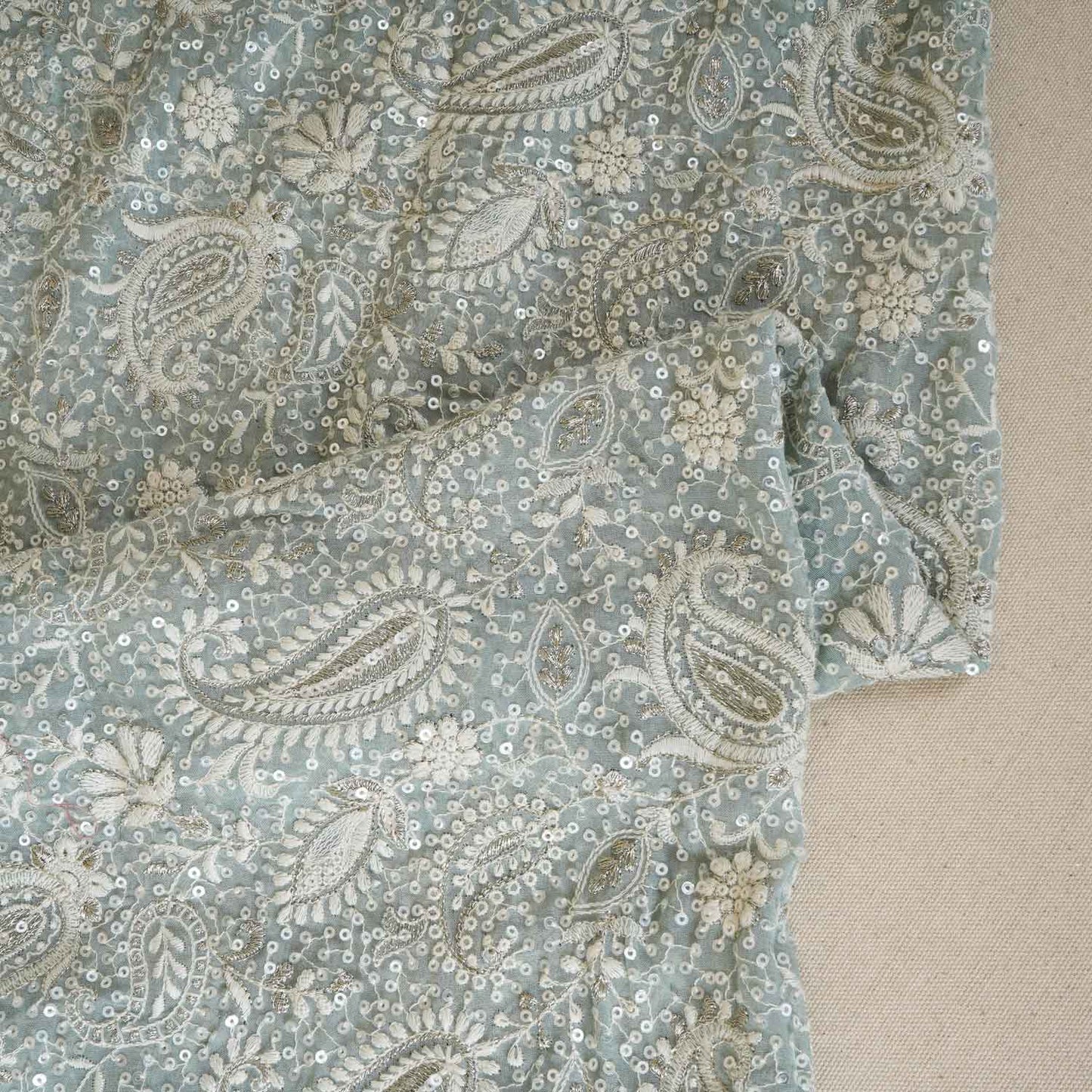 Sea Green Paisley Sequins Embroidery Chikankari Georgette Fabric DRAJ-28278