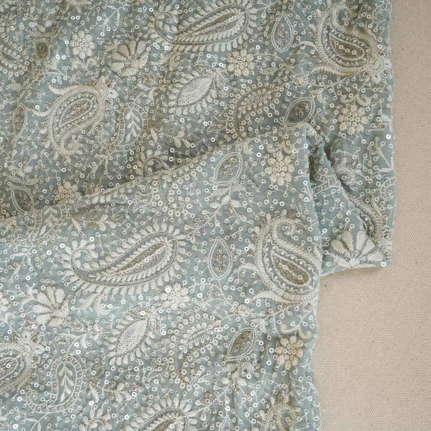 Sea Green Paisley Sequins Embroidery Chikankari Georgette Fabric DR-28278 - TradeUNO