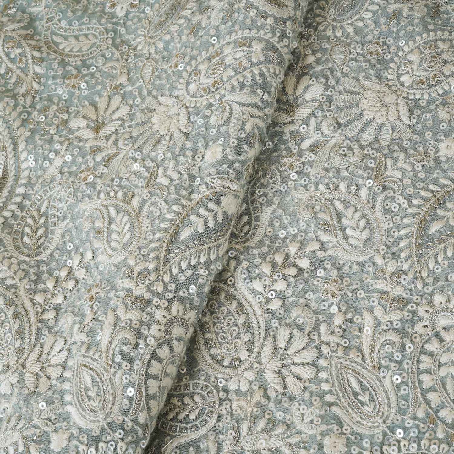Sea Green Paisley Sequins Embroidery Chikankari Georgette Fabric DRAJ-28278