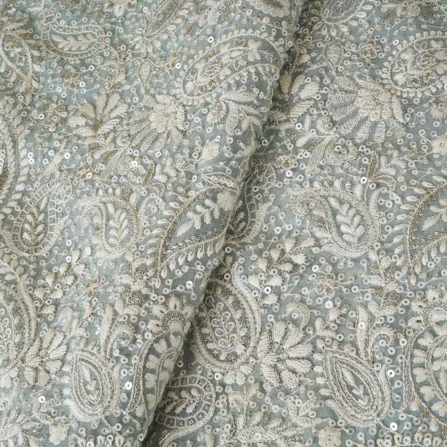 Sea Green Paisley Sequins Embroidery Chikankari Georgette Fabric DR-28278 - TradeUNO