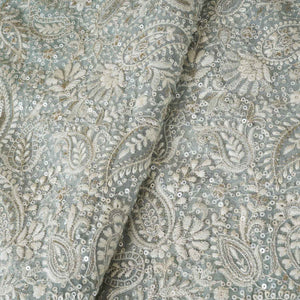 Sea Green Paisley Sequins Embroidery Chikankari Georgette Fabric DR-28278 - TradeUNO