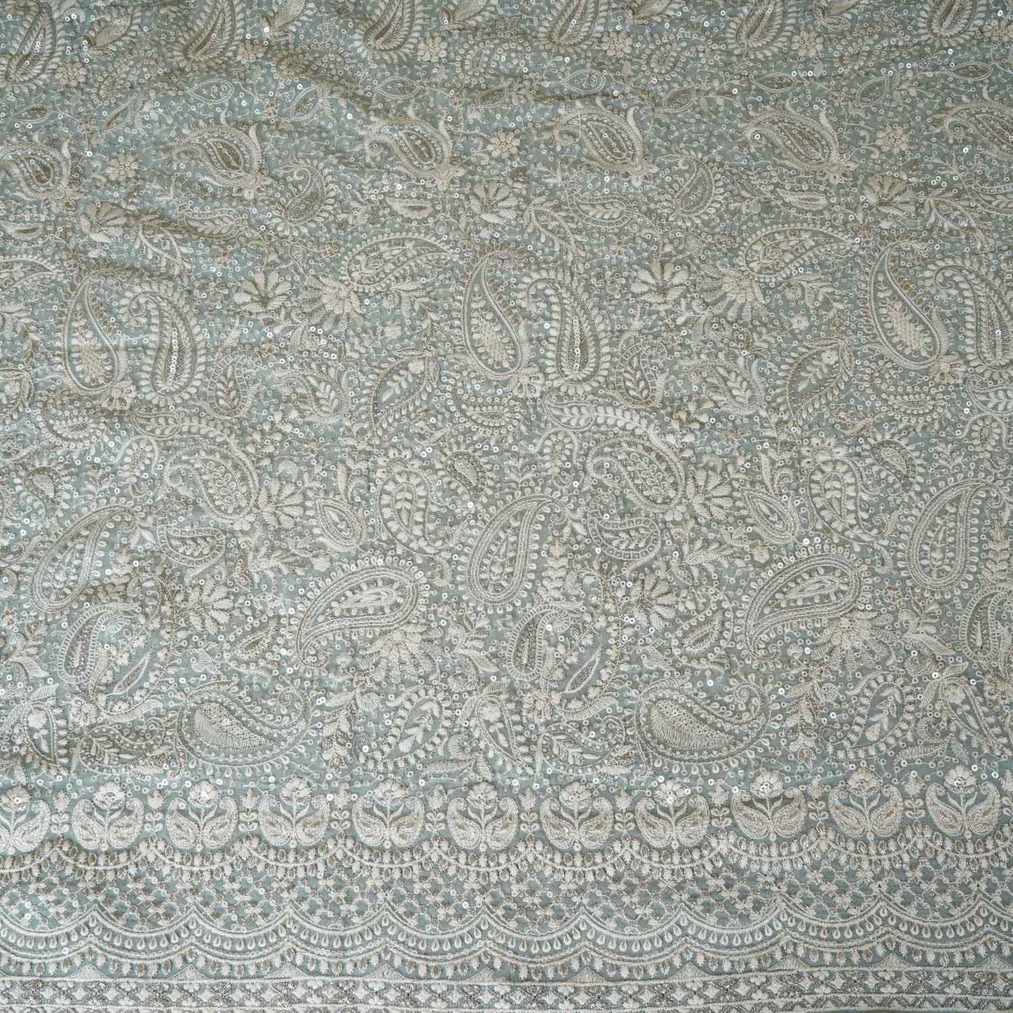 Sea Green Paisley Sequins Embroidery Chikankari Georgette Fabric DRAJ-28278