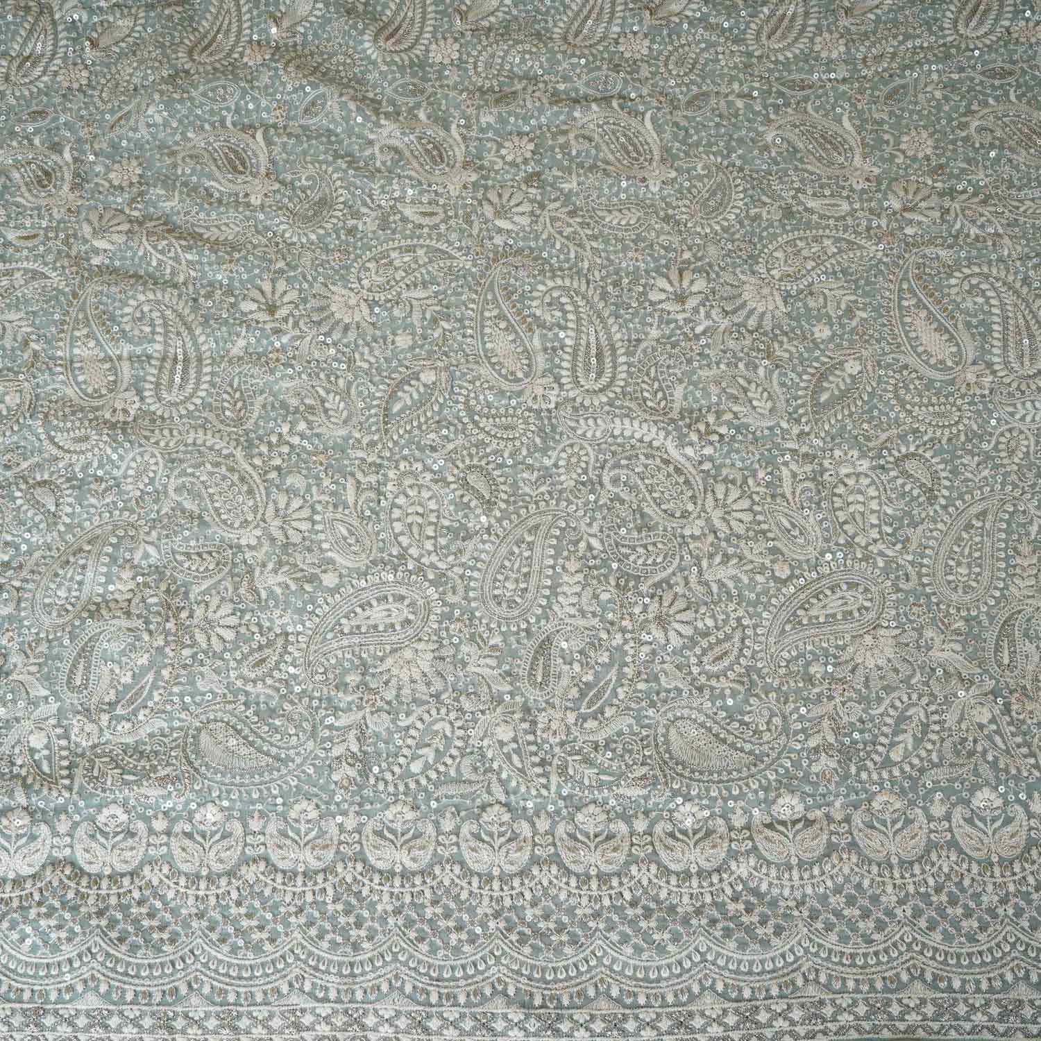 Sea Green Paisley Sequins Embroidery Chikankari Georgette Fabric DR-28278 - TradeUNO