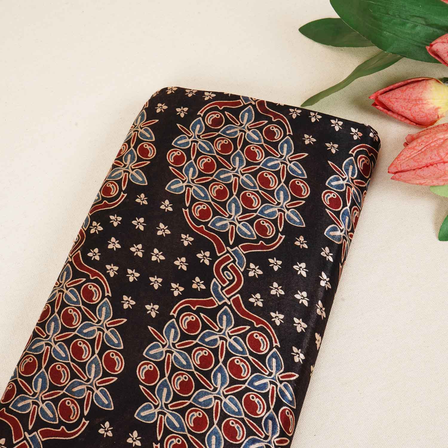 Black Ajrakh Print Mashru Silk Fabric IA-27800