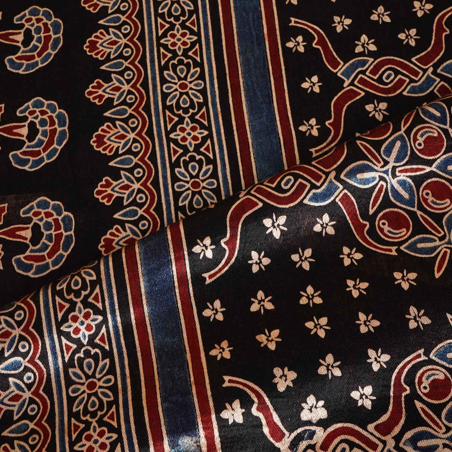Black Ajrakh Print Mashru Silk Fabric IA-27800