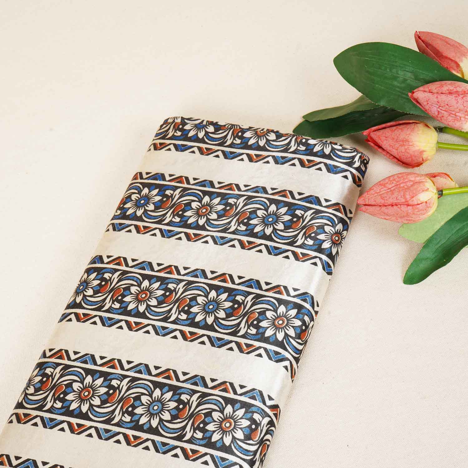 Beige Ajrakh Print Mashru Silk Fabric IA-27802