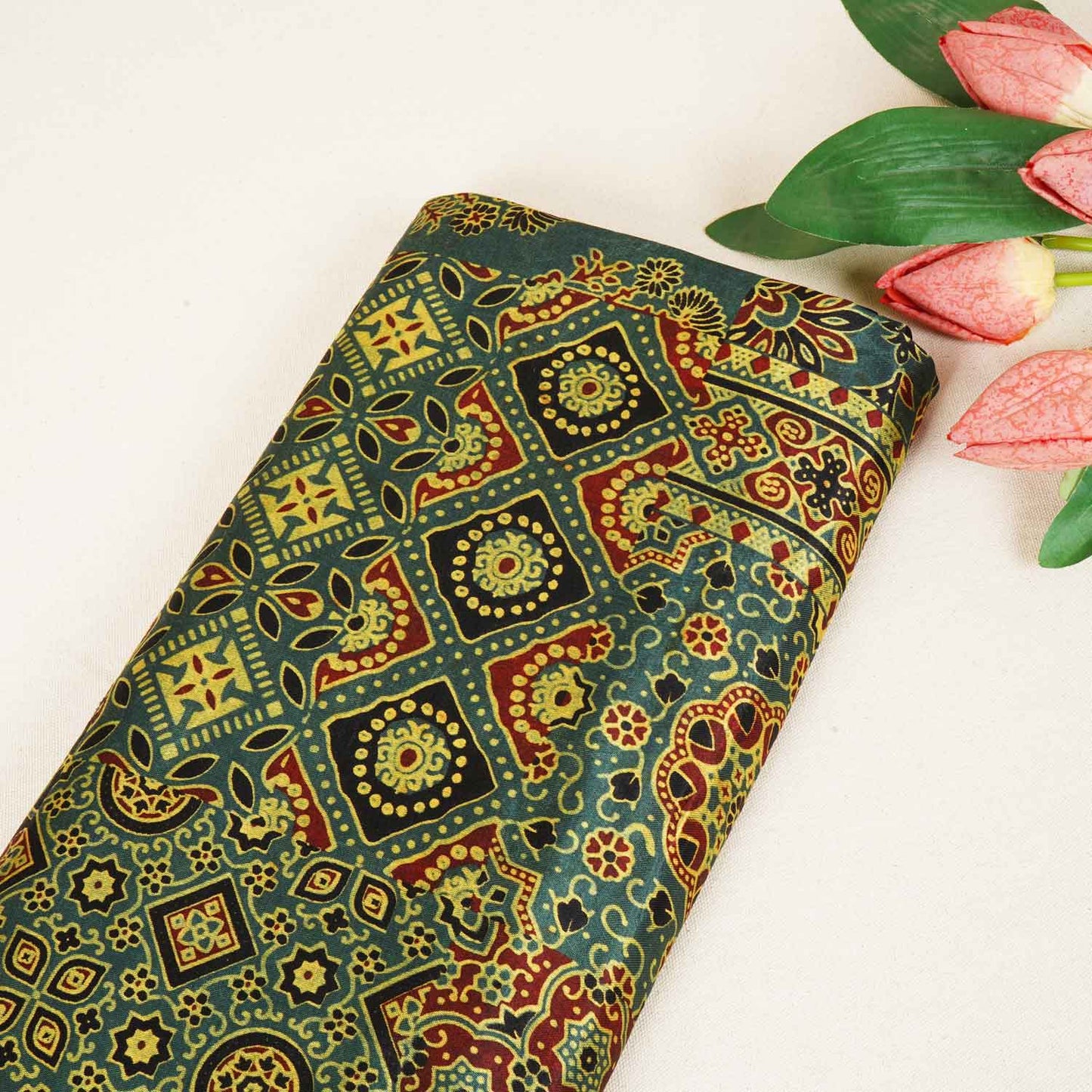 Green Ajrakh Print Mashru Silk Fabric IA-27817