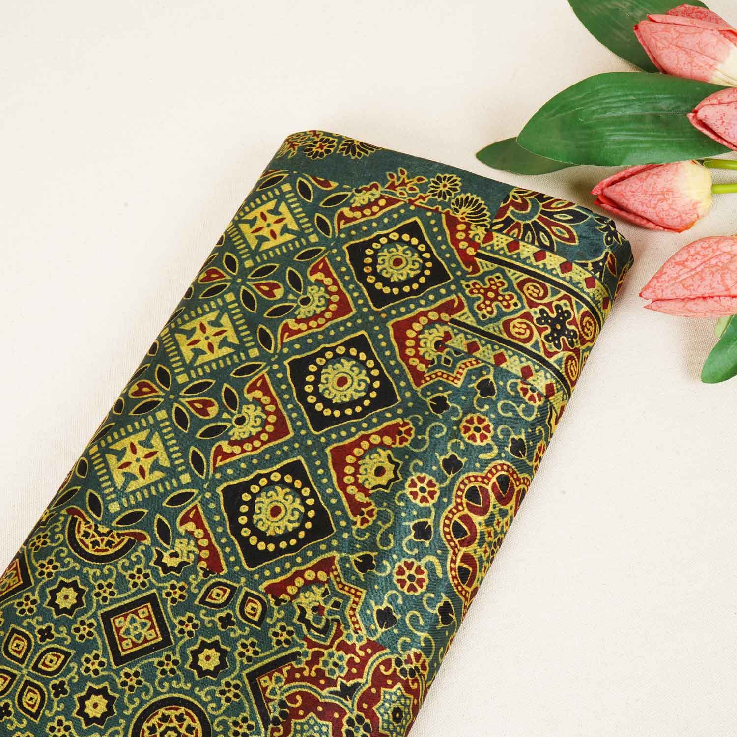 Green Ajrakh Print Mashru Silk Fabric IA-27817