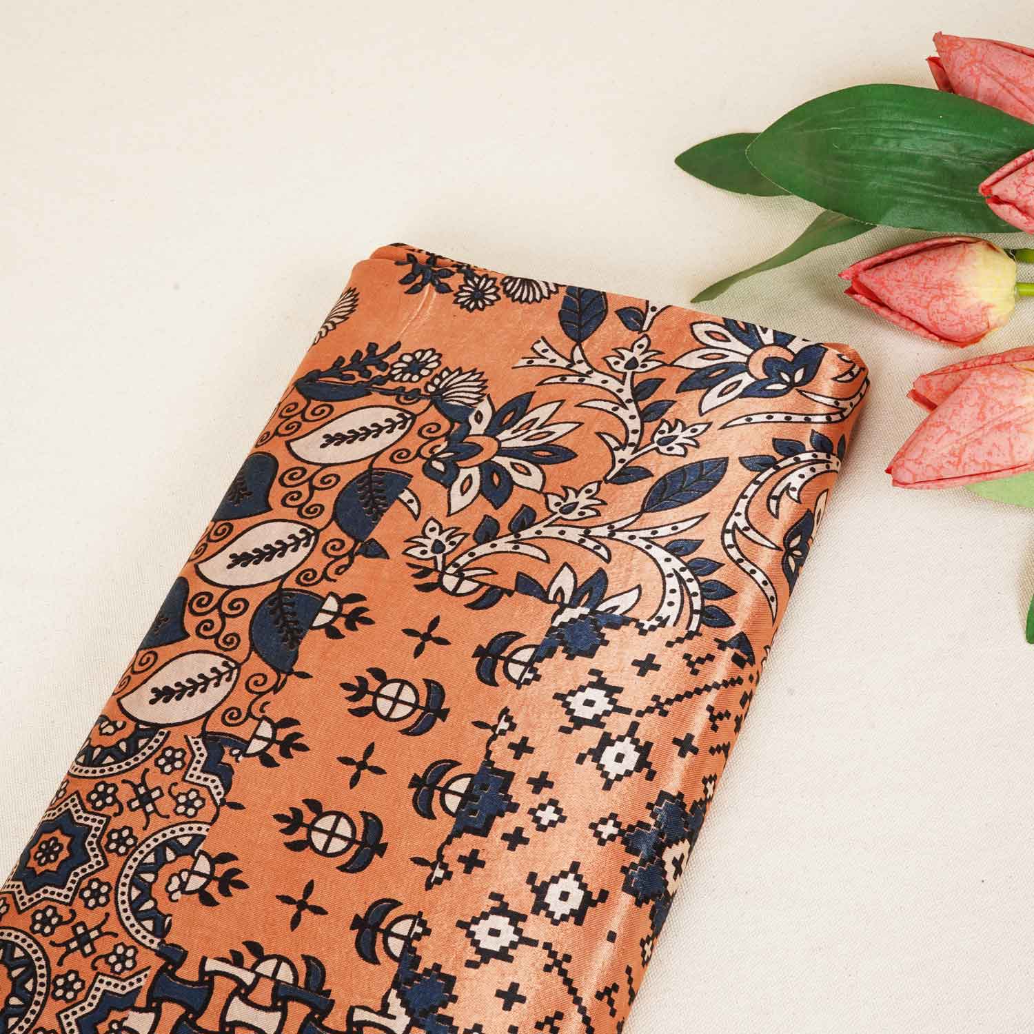 Peach Arakh Print Mashru Silk Fabric IA-27821
