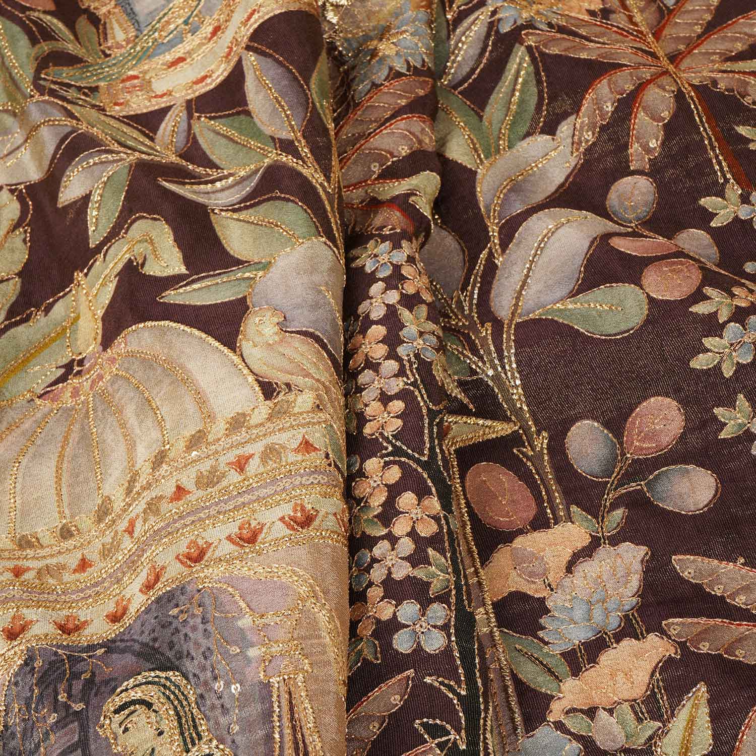 Brown Traditional Position Print Zari Embroidery Tissue Fabric SC-27830