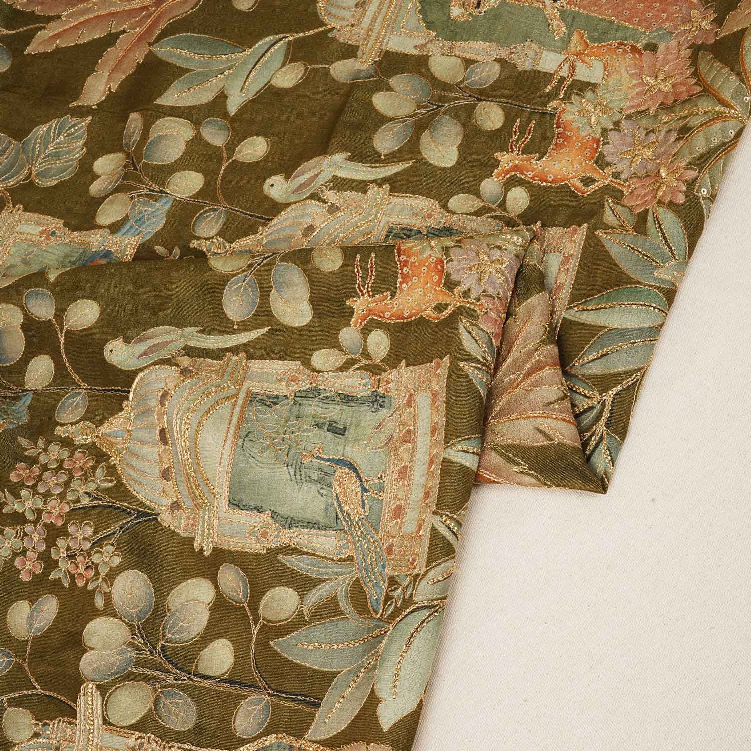 Teal Green Traditional Position Print Zari Embroidery Tissue Fabric SC-27832