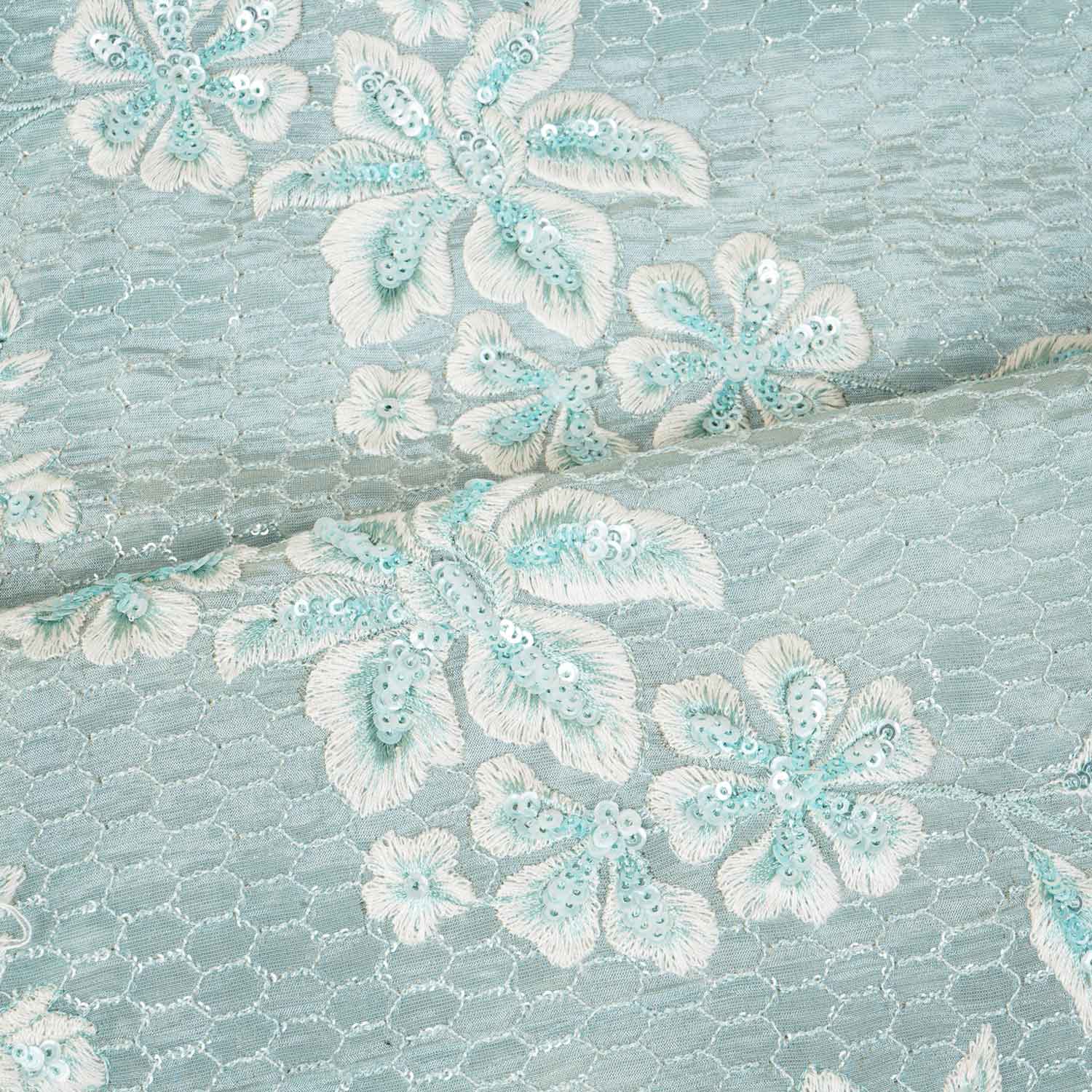 Blue Floral Zari Embroidery Tissue Fabric SC-27834