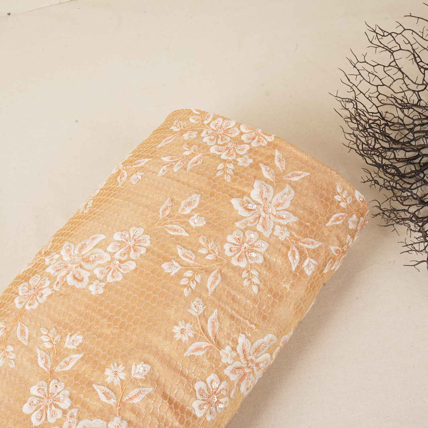 Peach Floral Zari Embroidery Tissue Fabric SC-27835