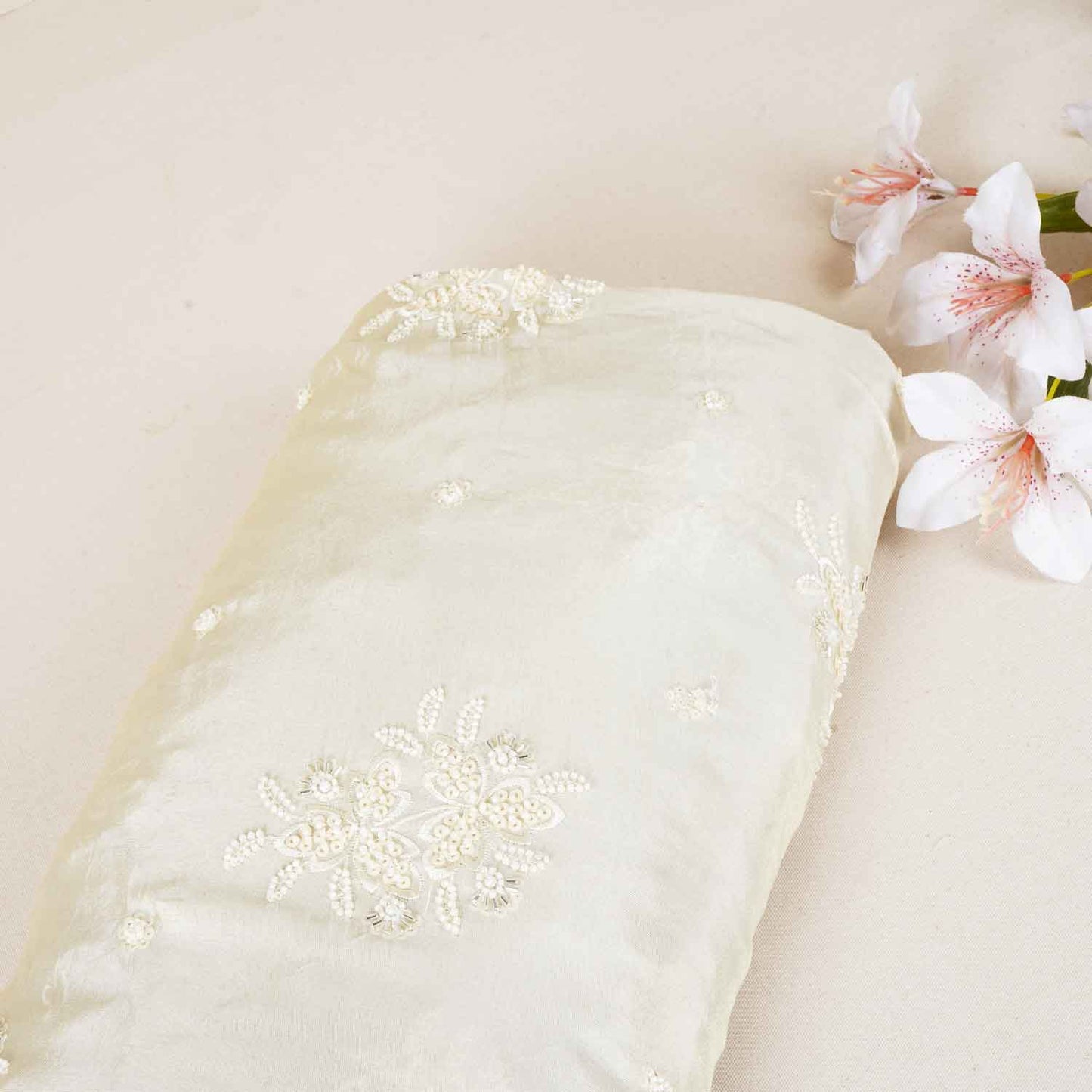 Golden Dyeable Zari Beads Work Tissue Fabric SC-27897