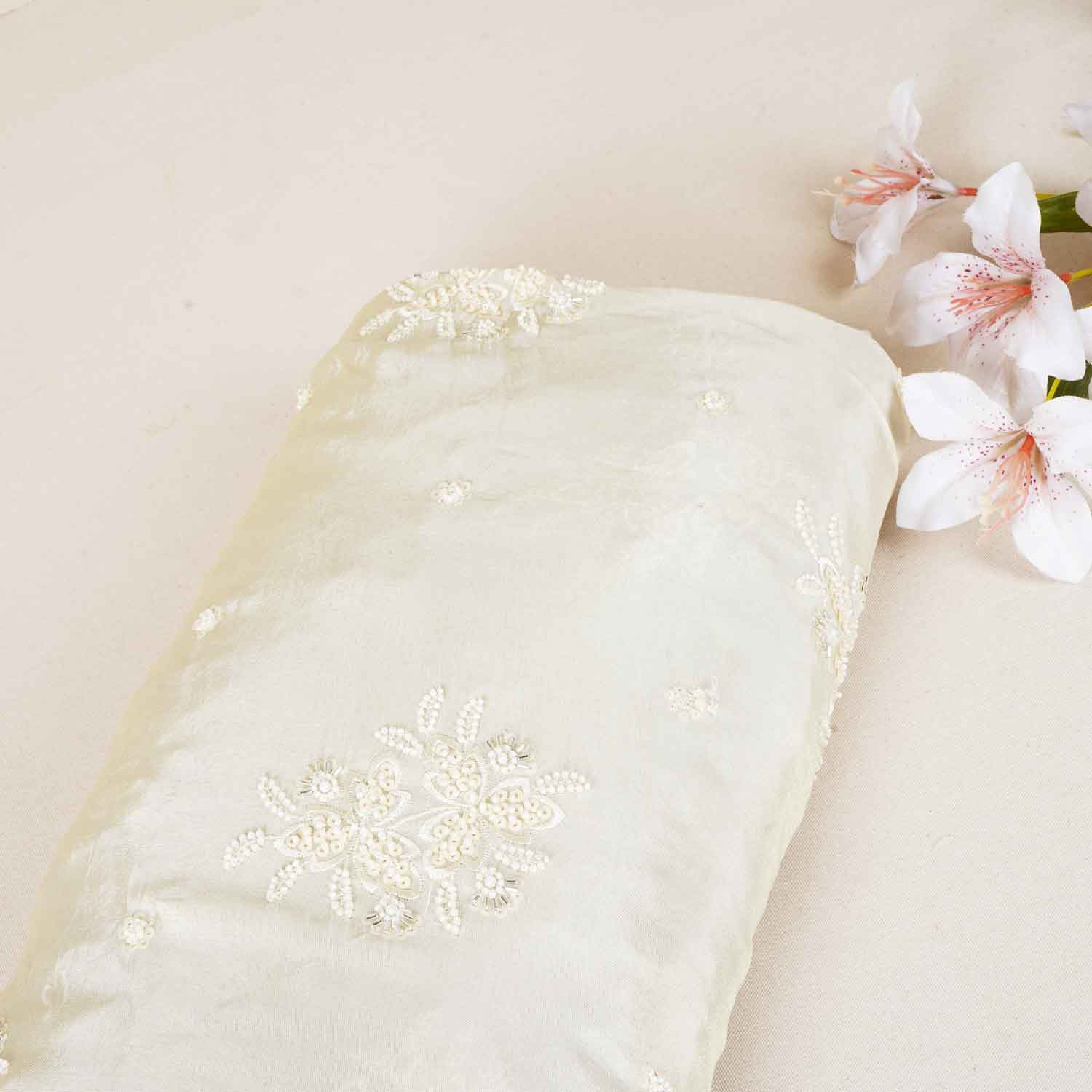 Golden Dyeable Zari Beads Work Tissue Fabric SC-27897