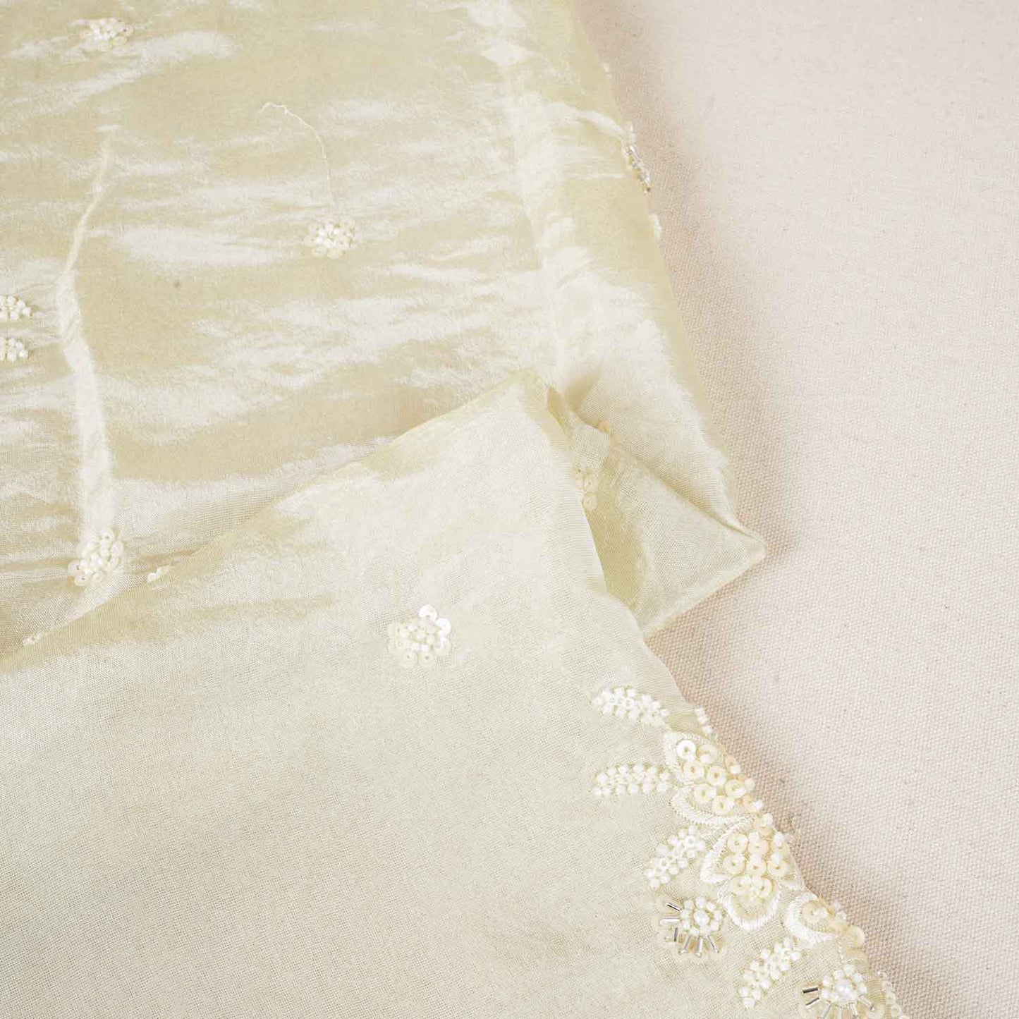 Golden Dyeable Zari Beads Work Tissue Fabric SC-27897
