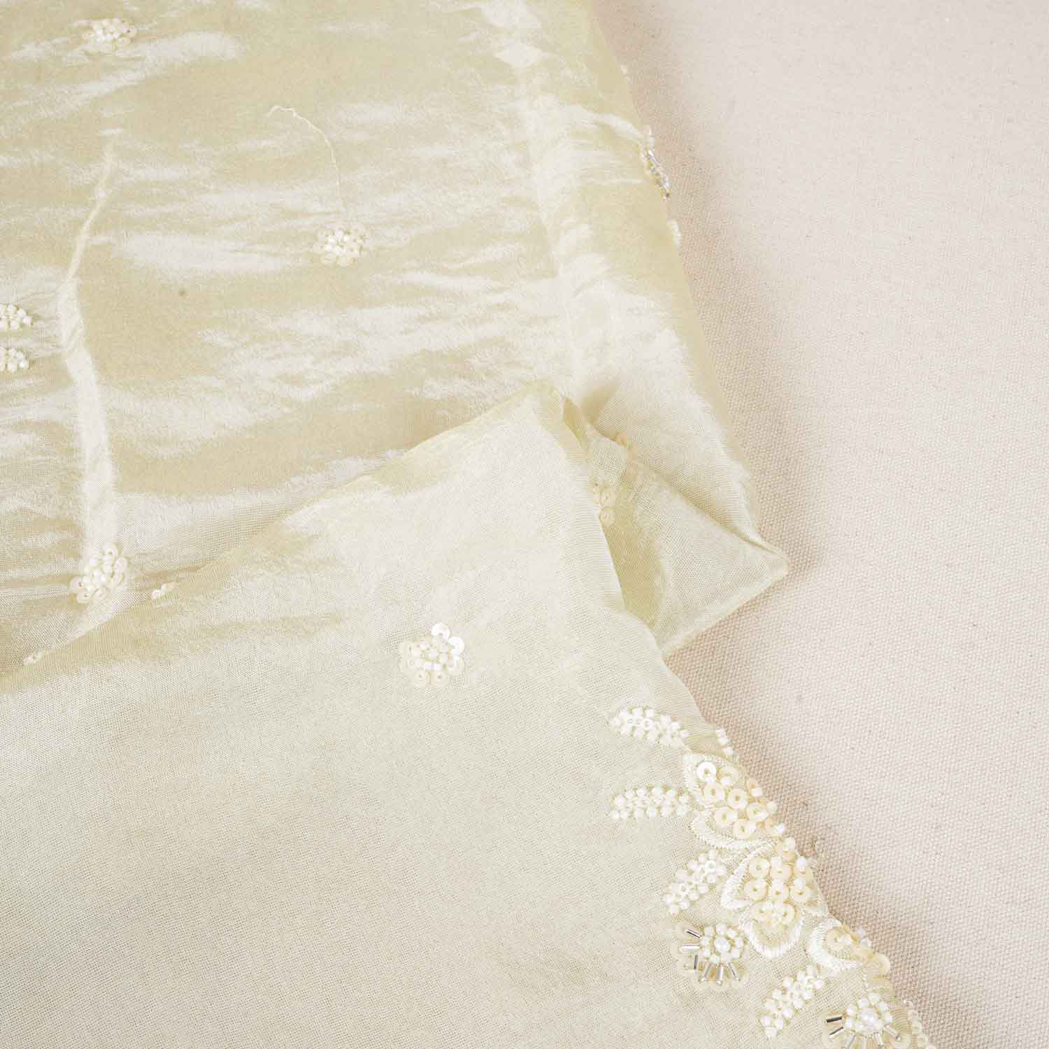 Golden Dyeable Zari Beads Work Tissue Fabric SC-27897