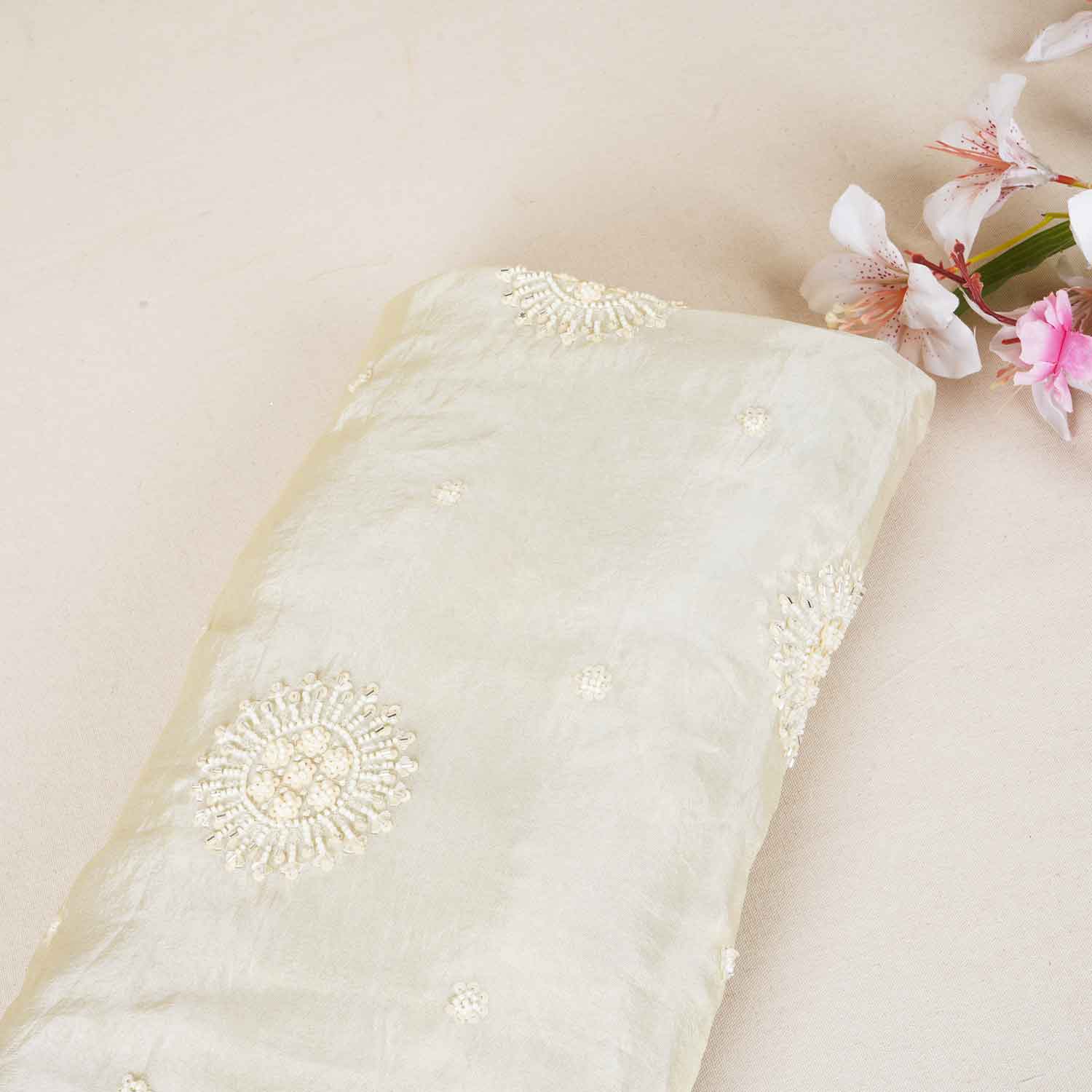 Golden Dyeable Zari Beads Work Tissue Fabric SC-27898