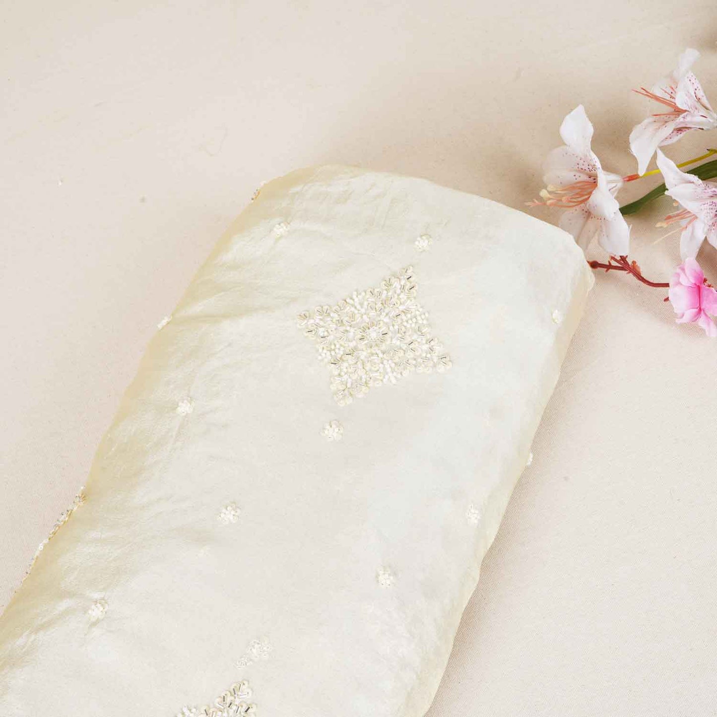 Golden Dyeable Zari Beads Work Tissue Fabric SC-27899