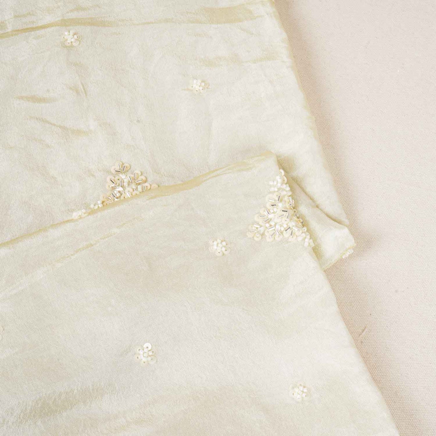 Golden Dyeable Zari Beads Work Tissue Fabric SC-27899