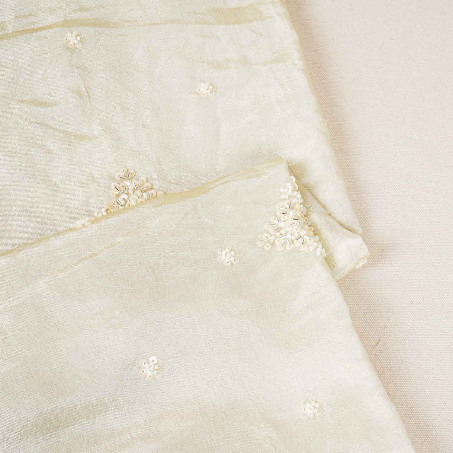 Golden Dyeable Zari Beads Work Tissue Fabric SC-27899